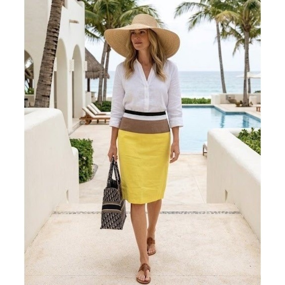 Gilani Linen Pencil Skirt Womens 10 Yellow Colorblock Career Resort Vacation